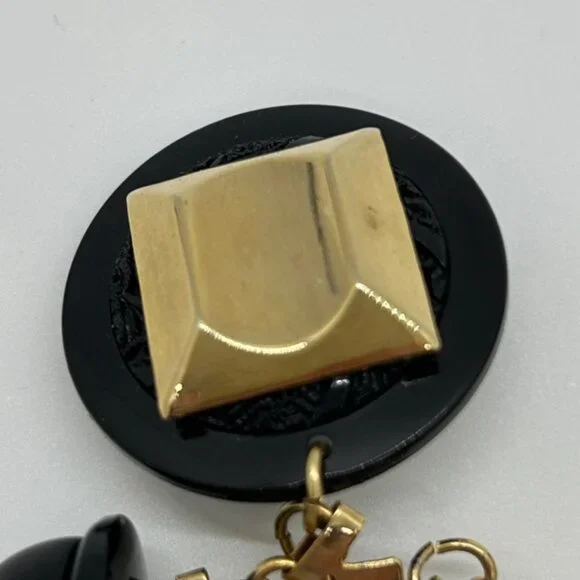 Vintage Gold Black Dangle Earrings Faux Pearl Geometric Retro Runway Chandelier - Picture 4 of 16
